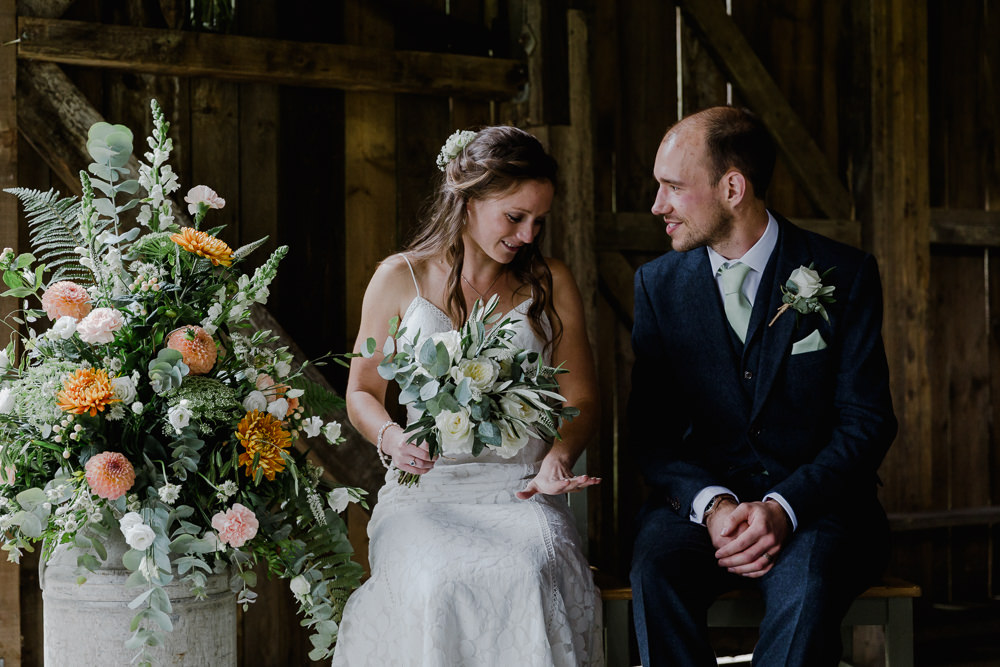 Bride Bridal Sleeveless Strappy Dress Gown Blue Tweed Wool Three Piece Suit Groom Eucalyptus Greenery Bouquet Milk Churn Flower Arrangement Floral Nancarrow Farm Wedding Alexa Poppe Wedding Photography
