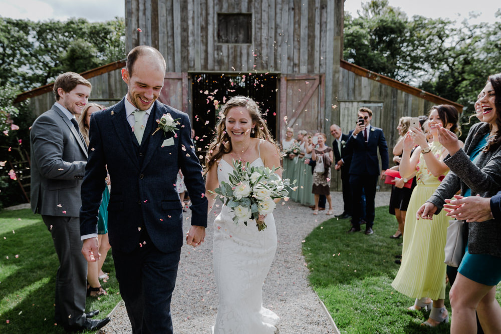 Bride Bridal Sleeveless Strappy Dress Gown Blue Tweed Wool Three Piece Suit Groom Eucalyptus Greenery Bouquet Confetti Nancarrow Farm Wedding Alexa Poppe Wedding Photography