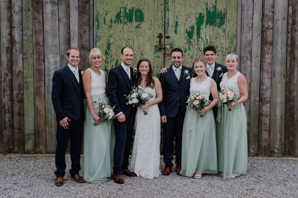 Bride Bridal Sleeveless Strappy Dress Gown Blue Tweed Wool Three Piece Suit Groom Eucalyptus Greenery Bouquet Sage Bridesmaid Separates Nancarrow Farm Wedding Alexa Poppe Wedding Photography