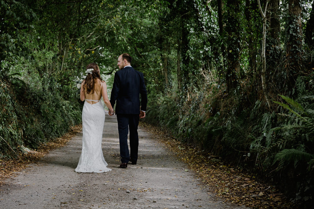Bride Bridal Sleeveless Strappy Dress Backless Gown Blue Tweed Wool Three Piece Suit Groom Nancarrow Farm Wedding Alexa Poppe Wedding Photography