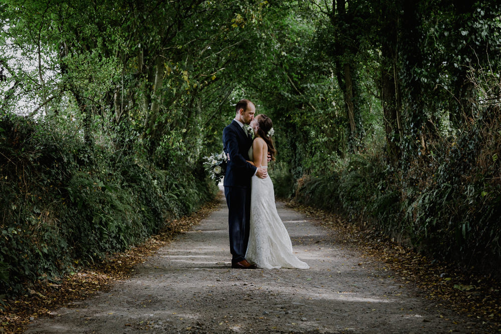 Bride Bridal Sleeveless Strappy Dress Gown Blue Tweed Wool Three Piece Suit Groom Eucalyptus Greenery Bouquet Nancarrow Farm Wedding Alexa Poppe Wedding Photography