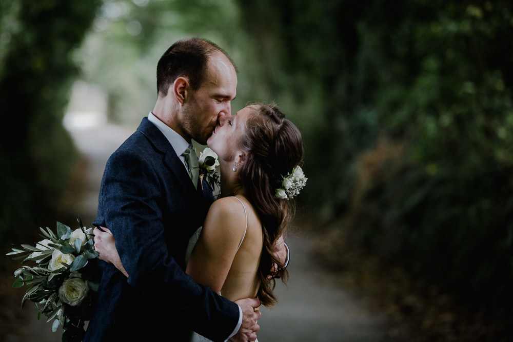 Bride Bridal Sleeveless Strappy Dress Gown Blue Tweed Wool Three Piece Suit Groom Eucalyptus Greenery Bouquet Nancarrow Farm Wedding Alexa Poppe Wedding Photography
