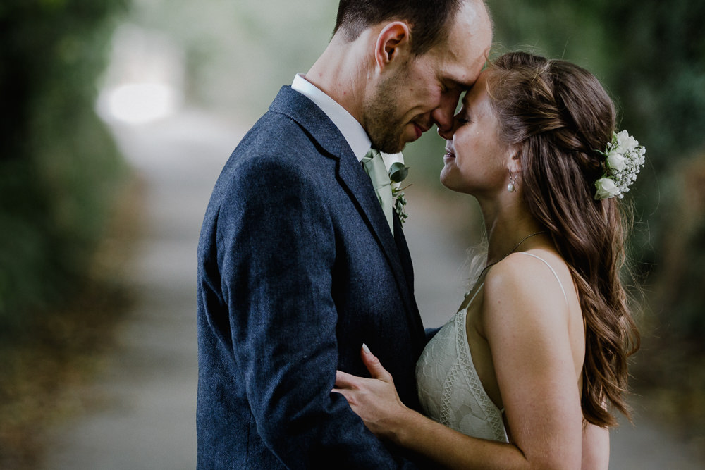 Bride Bridal Sleeveless Strappy Dress Gown Blue Tweed Wool Three Piece Suit Groom Eucalyptus Greenery Bouquet Nancarrow Farm Wedding Alexa Poppe Wedding Photography