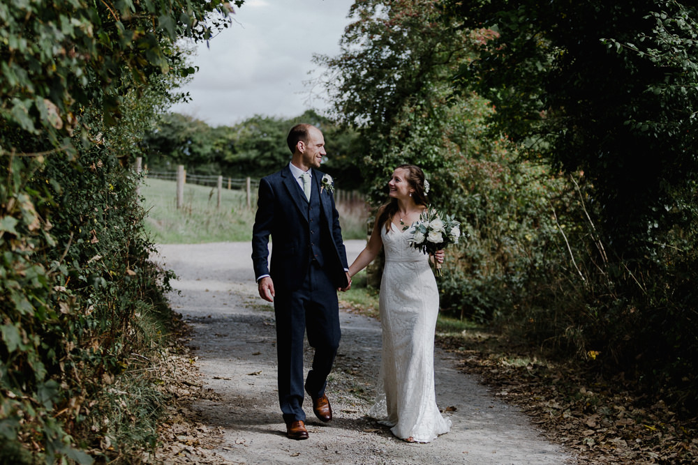 Bride Bridal Sleeveless Strappy Dress Gown Blue Tweed Wool Three Piece Suit Groom Eucalyptus Greenery Bouquet Nancarrow Farm Wedding Alexa Poppe Wedding Photography