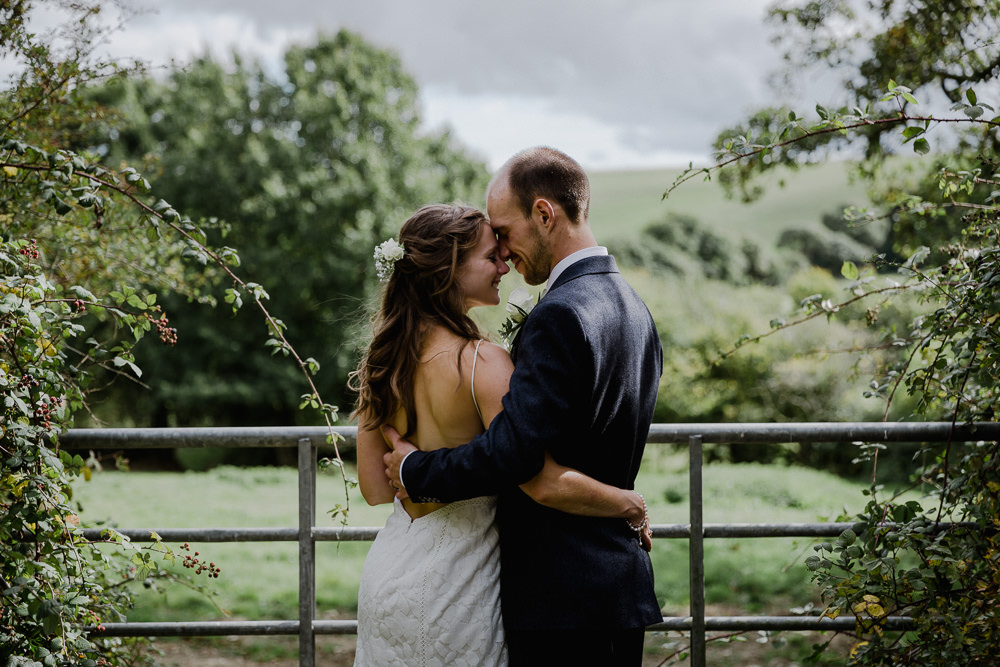 Bride Bridal Sleeveless Strappy Dress Gown Blue Tweed Wool Three Piece Suit Groom Eucalyptus Greenery Bouquet Nancarrow Farm Wedding Alexa Poppe Wedding Photography