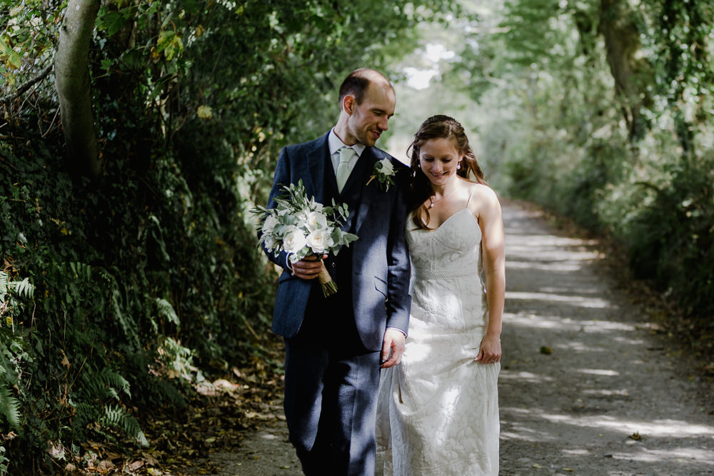 Bride Bridal Sleeveless Strappy Dress Gown Blue Tweed Wool Three Piece Suit Groom Eucalyptus Greenery Bouquet Nancarrow Farm Wedding Alexa Poppe Wedding Photography