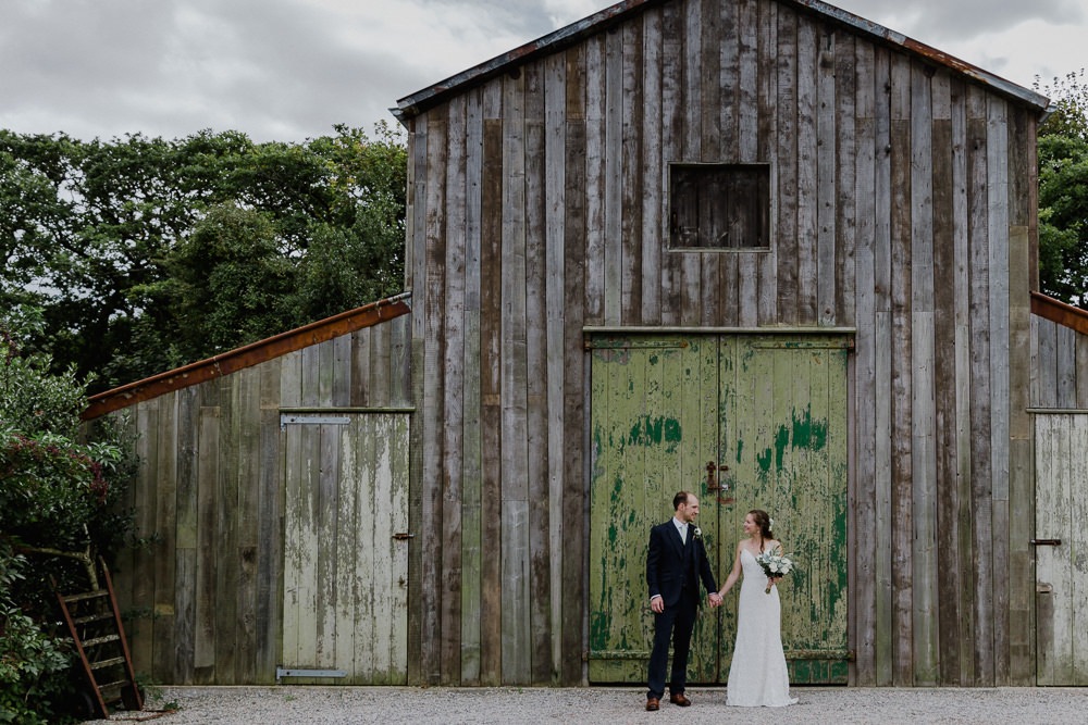 Bride Bridal Sleeveless Strappy Dress Gown Blue Tweed Wool Three Piece Suit Groom Eucalyptus Greenery Bouquet Nancarrow Farm Wedding Alexa Poppe Wedding Photography