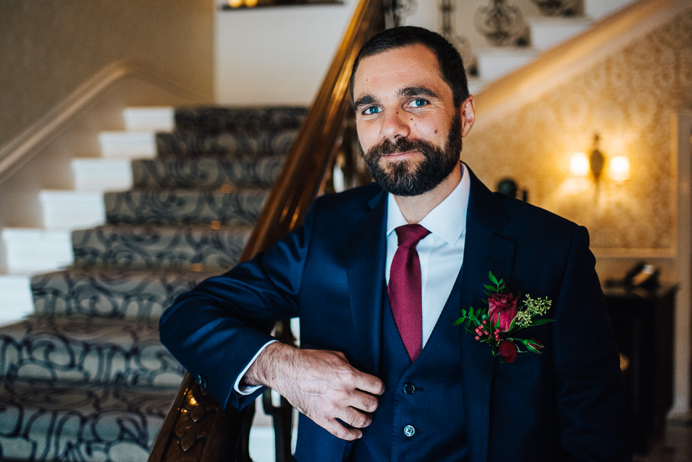 Groom Suit Blue Burgundy Tie Pembroke Lodge Wedding Mark O'Brien Photography