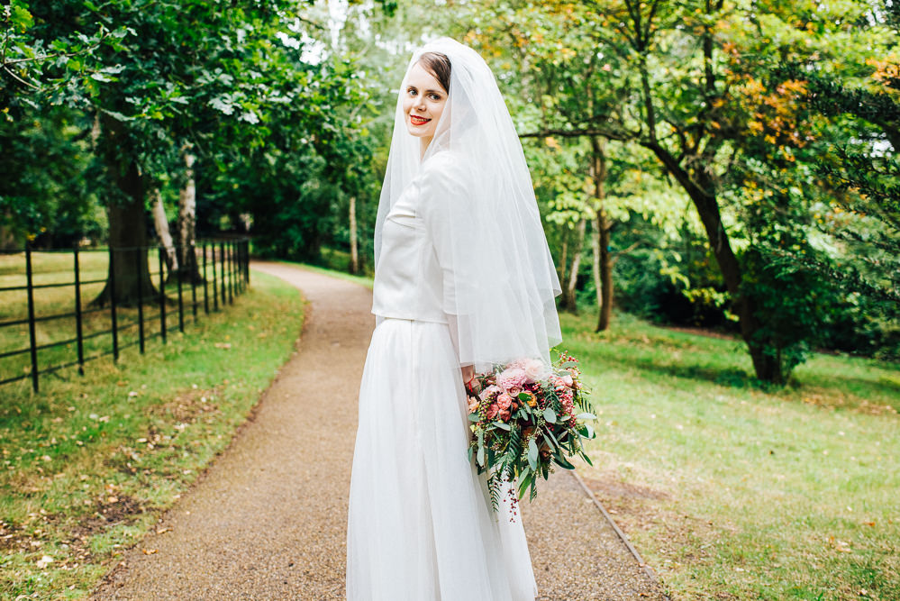 Dress Gown Bride Bridal Separates Skirt Top Tulle Satin Veil Pembroke Lodge Wedding Mark O'Brien Photography