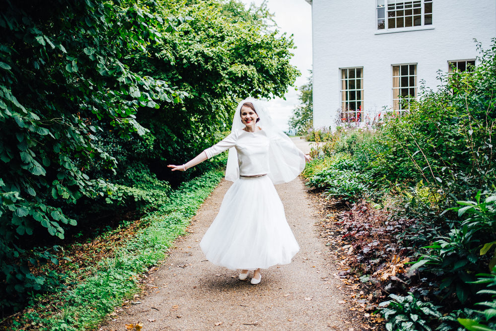 Dress Gown Bride Bridal Separates Skirt Top Tulle Satin Veil Short Tea Length Pembroke Lodge Wedding Mark O'Brien Photography