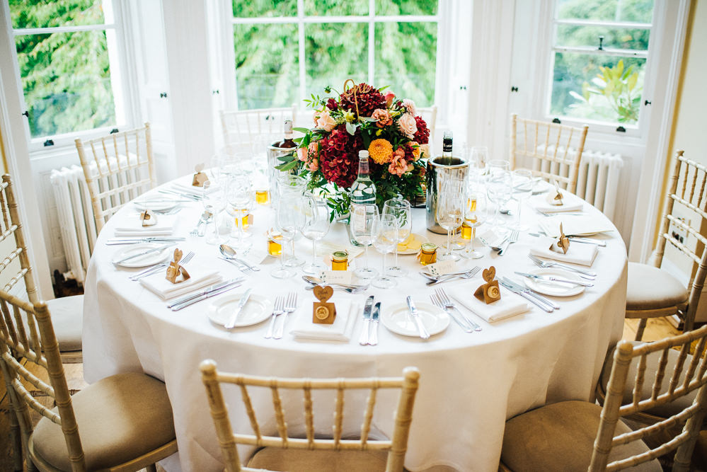 Centrepiece Table Flowers Burgundy Hydrangea Orange Daliah Rose Greenery Foliage Pembroke Lodge Wedding Mark O'Brien Photography