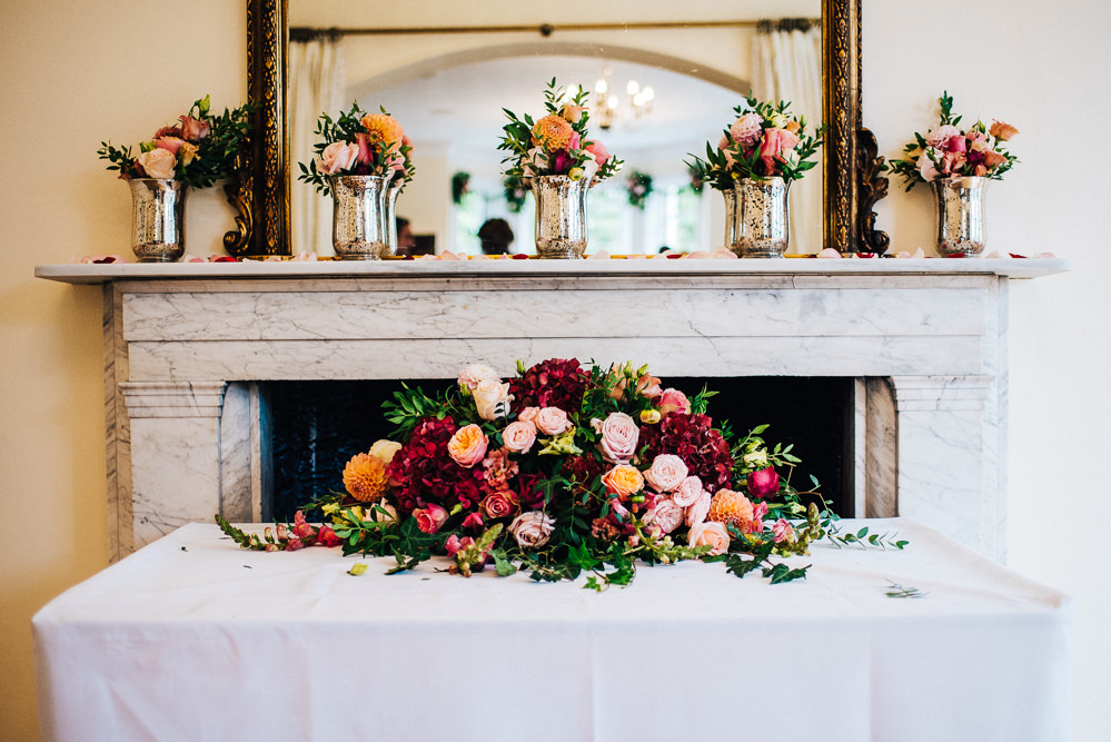 Table Flowers Burgundy Hydrangea Orange Daliah Rose Greenery Foliage Pembroke Lodge Wedding Mark O'Brien Photography