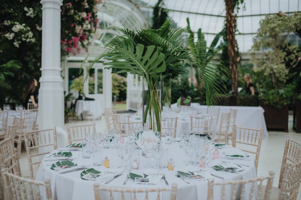 Table Flowers Centrepiece Tropical Palm Leaves Sefton Park Wedding Bloom Weddings