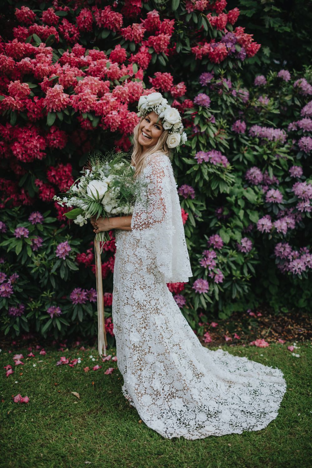 Dress Gown Bride Bridal Lace Cape Sleeves Sarah Seven Train Sefton Park Wedding Bloom Weddings