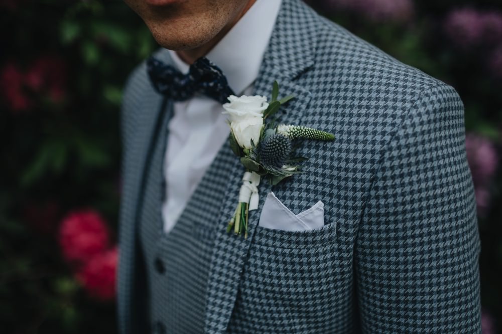 Groom Suit Blue Bow Tie Buttonhole Flowers Rose Thistle Park Wedding Bloom Weddings
