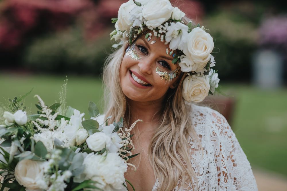 Bride Bridal Flower Crown Rose Glitter Make Up Sefton Park Wedding Bloom Weddings