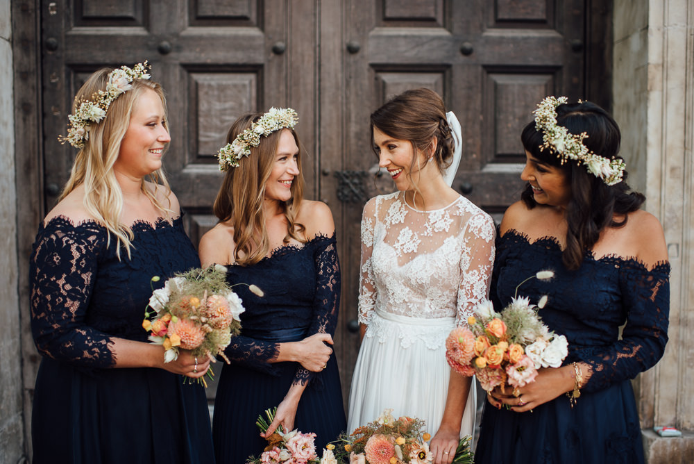 Bridesmaids Off Shoulder Bardot Navy Blue Lace Dresses Dress Flower Crown St Paul's Cathedral Wedding The Shannons Photography