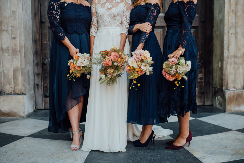 Bridesmaids Off Shoulder Bardot Navy Blue Lace Dresses Dress Bouquets St Paul's Cathedral Wedding The Shannons Photography