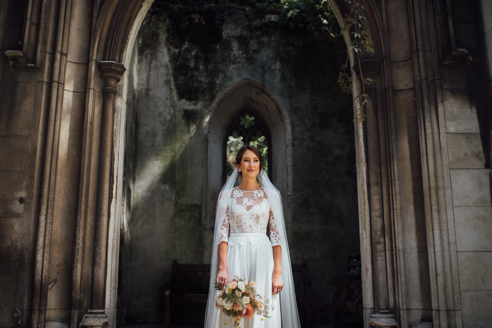 Dress Gown Bride Bridal Veil Lace Sleeves Open Back St Paul's Cathedral Wedding The Shannons Photography