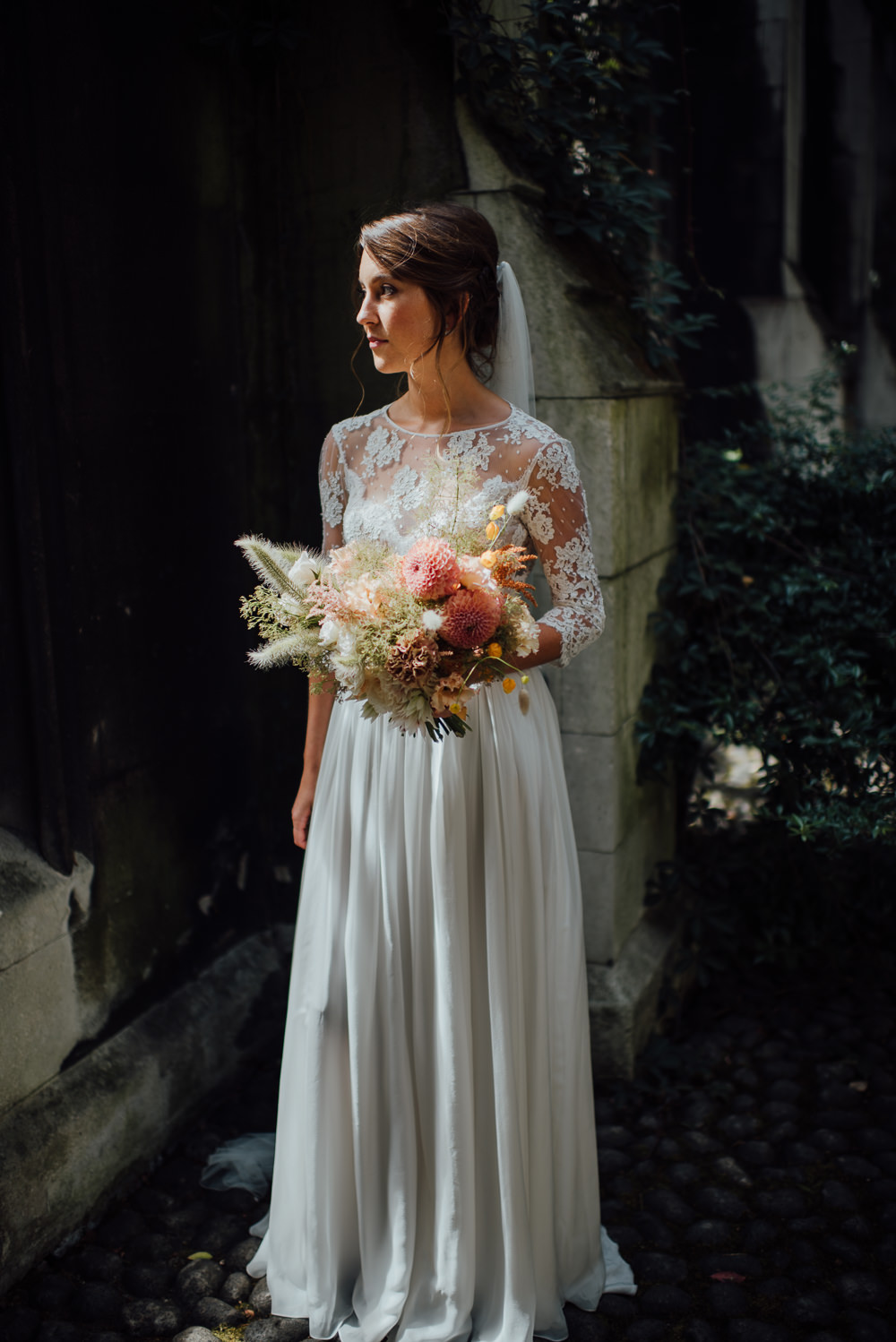 Dress Gown Bride Bridal Veil Lace Sleeves Open Back St Paul's Cathedral Wedding The Shannons Photography