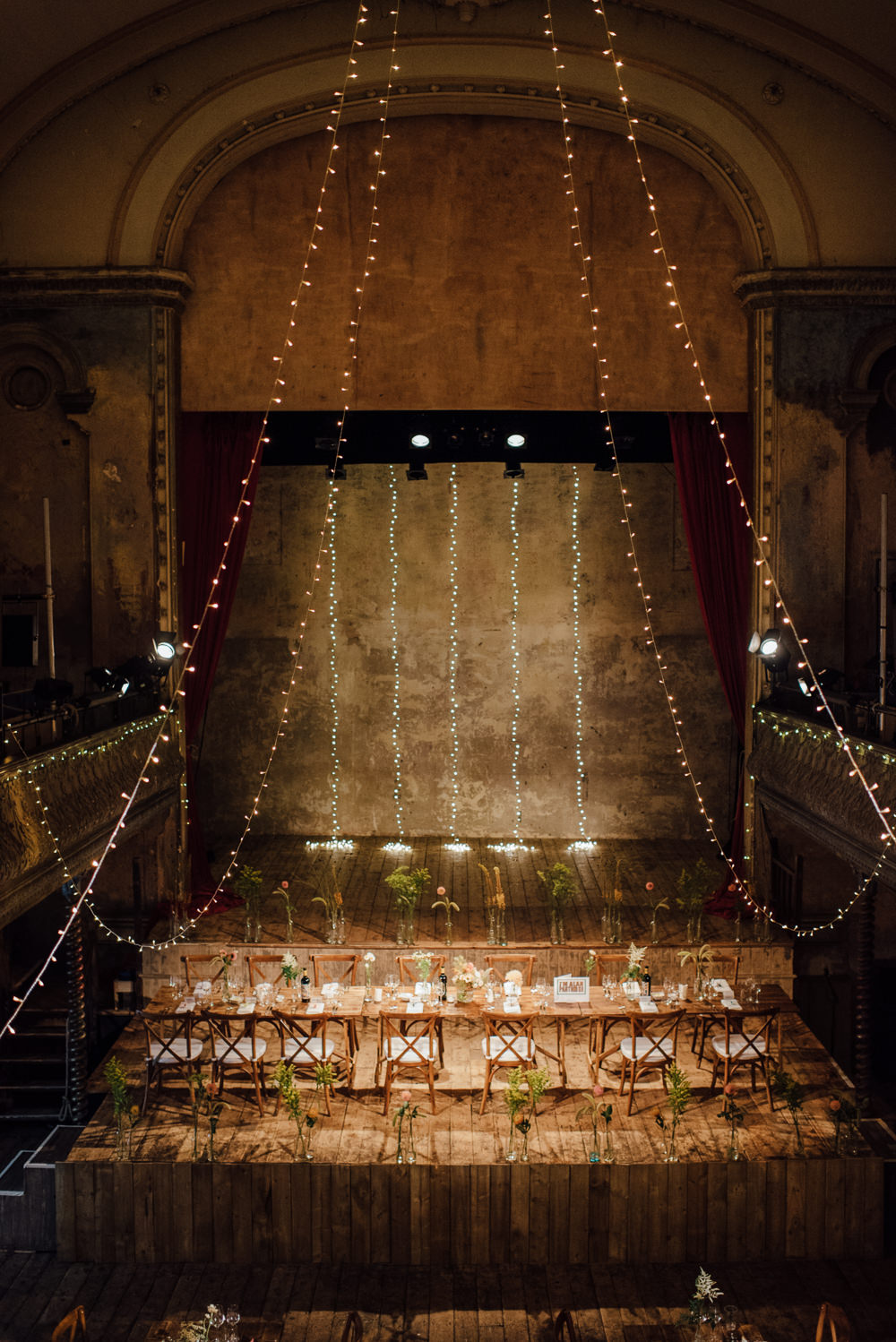 Long Tables Fairy Lights Decor Rustic Wooden Trestle Flowers Bottles Origami Cranes Wilton's Music Hall Wedding The Shannons Photography