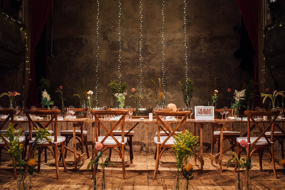 Long Tables Fairy Lights Decor Rustic Wooden Trestle Flowers Bottles Origami Cranes Wilton's Music Hall Wedding The Shannons Photography