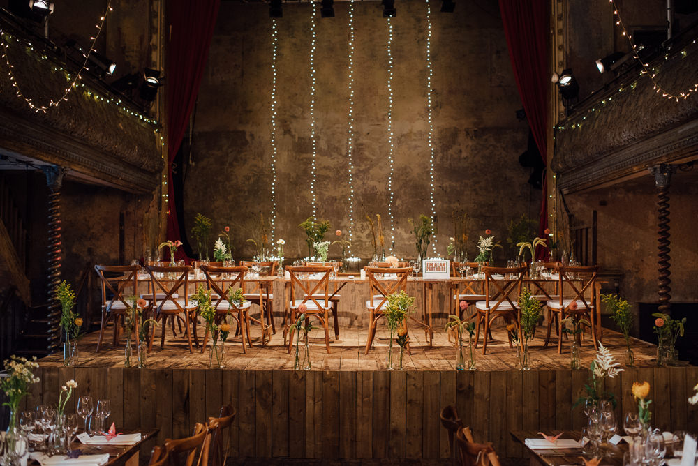 Long Tables Fairy Lights Decor Rustic Wooden Trestle Flowers Bottles Origami Cranes Wilton's Music Hall Wedding The Shannons Photography