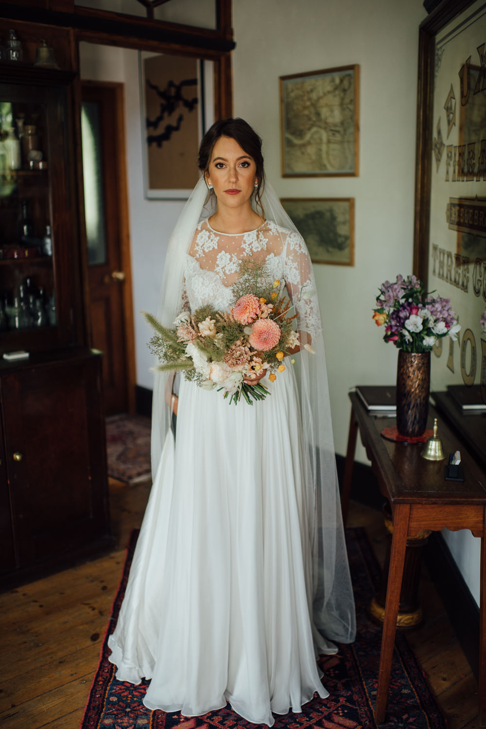 Dress Gown Bride Bridal Veil Lace Sleeves Open Back St Paul's Cathedral Wedding The Shannons Photography
