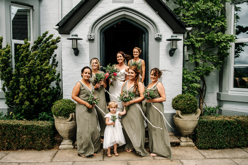 Bride Bridal Dress Gown Lace Detail Drop Cold Shoulder Ribbon Bow Sleeveless Sage V Neck Bridesmaids Bouquet Floral Veil Stanford Farm Wedding Andy Griffiths Photography