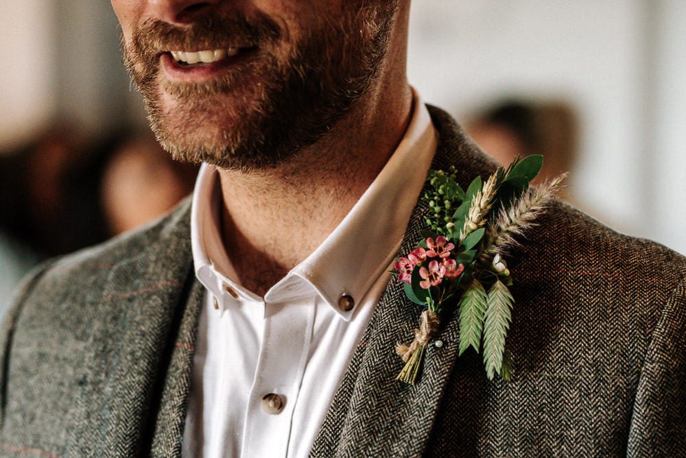 Tweed Jacket Buttonhole Groom Stanford Farm Wedding Andy Griffiths Photography
