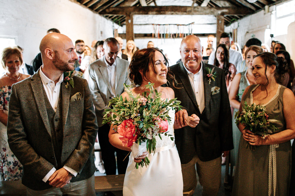 Bride Bridal Dress Gown Lace Detail Drop Cold Shoulder Ribbon Bow Sleeveless Bouquet Floral Veil Stanford Farm Wedding Andy Griffiths Photography