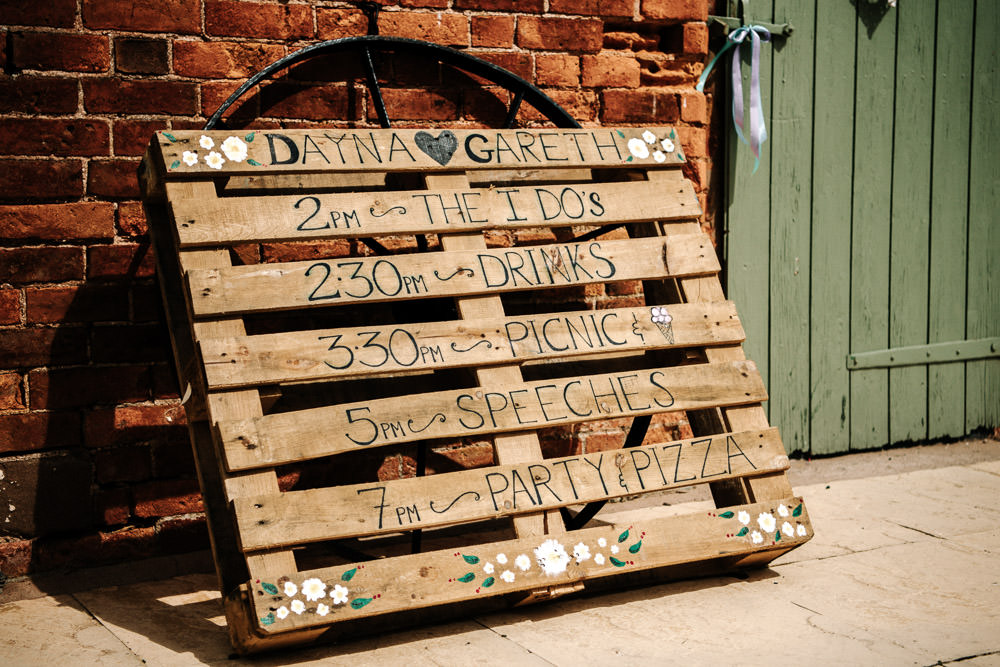 Pallet Welcome Sign Timings DIY Stanford Farm Wedding Andy Griffiths Photography