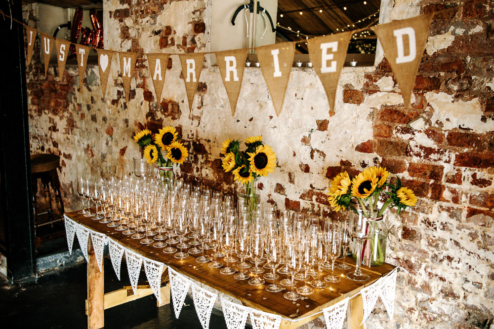 Just Married Bunting Sunflowers Drinks Table Stanford Farm Wedding Andy Griffiths Photography