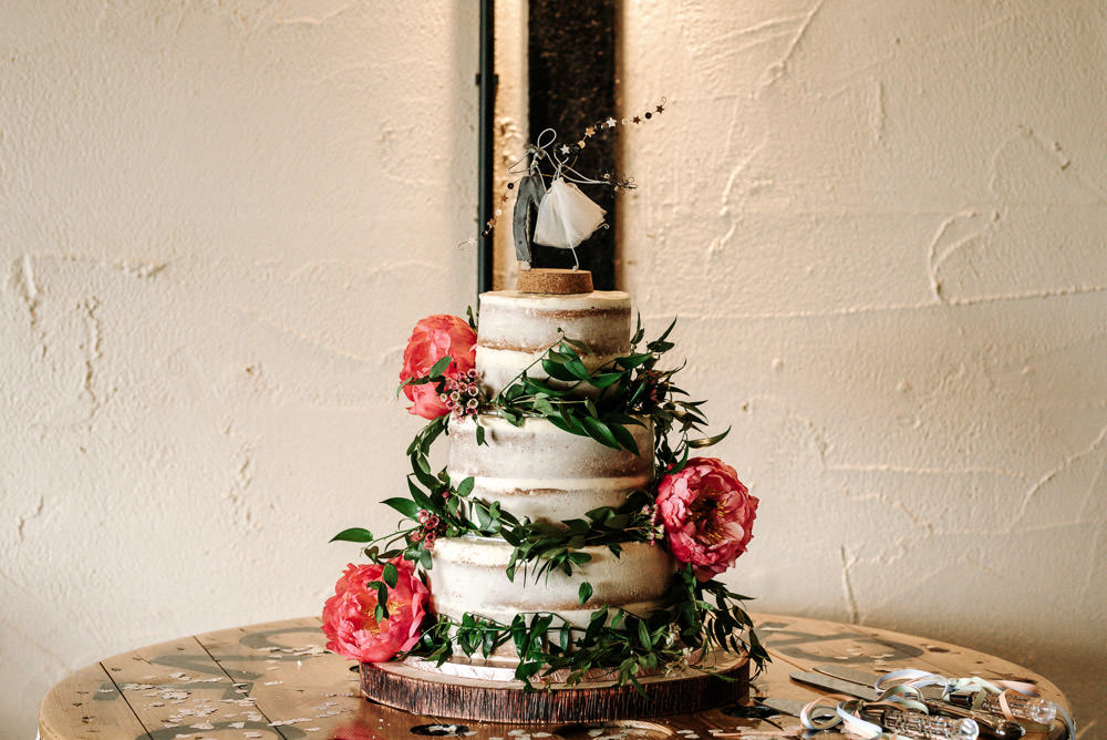 Semi Naked Buttercream Cake Topper Foliage Peony Wood Slice Log Stanford Farm Wedding Andy Griffiths Photography
