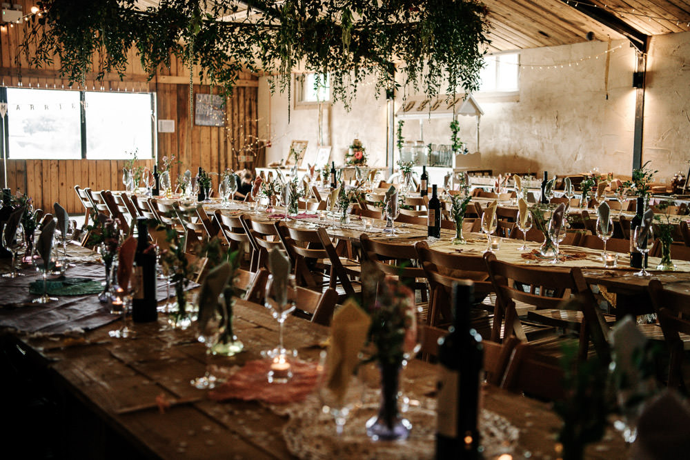 Rustic Wooden Tables Hanging Foliage Stanford Farm Wedding Andy Griffiths Photography