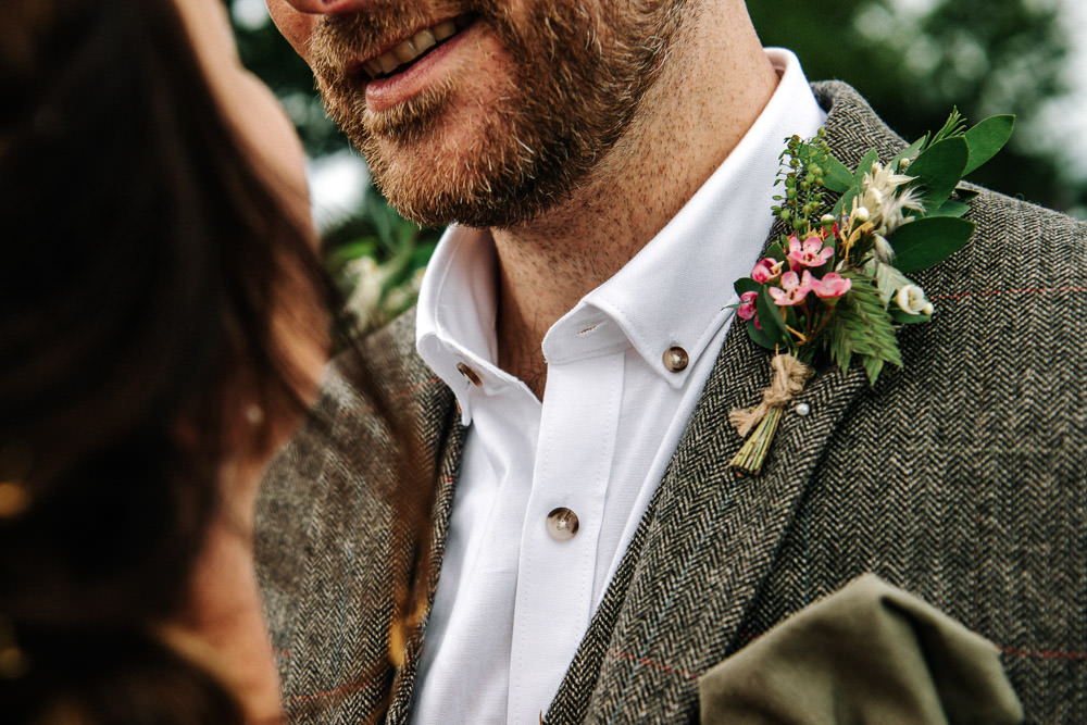 Tweed Suit Groom Buttonhole Twine Stanford Farm Wedding Andy Griffiths Photography