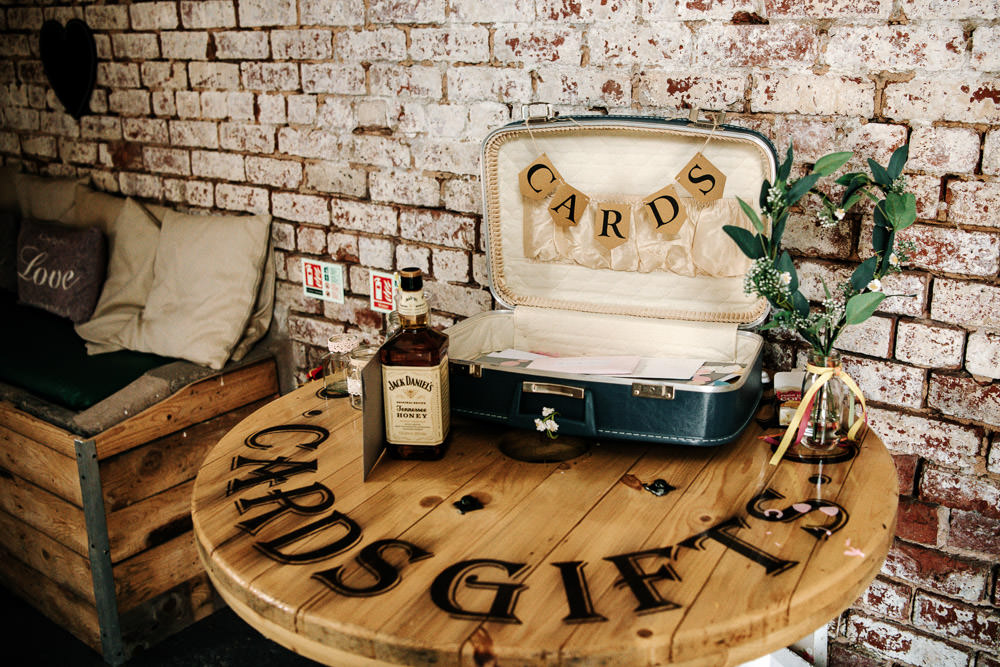 Cards Gifts Table Spool Suitcase Vintage Stanford Farm Wedding Andy Griffiths Photography