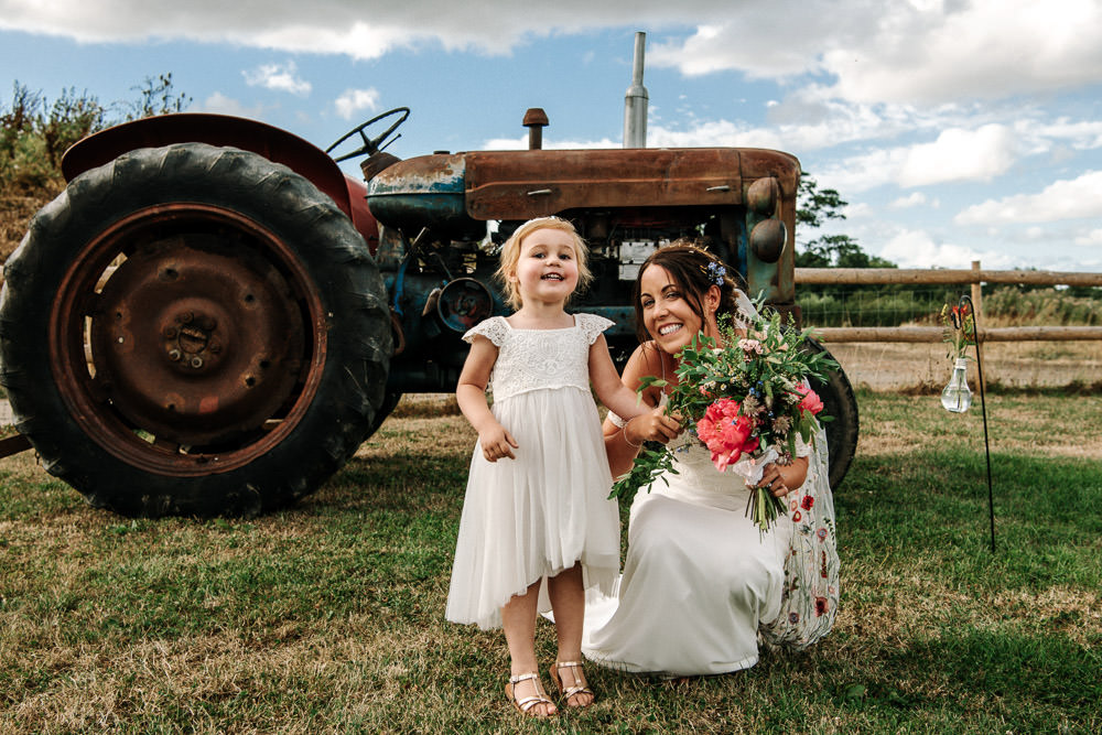 Bride Bridal Dress Gown Lace Detail Drop Cold Shoulder Ribbon Bow Sleeveless Flower Girl Floral Veil Stanford Farm Wedding Andy Griffiths Photography