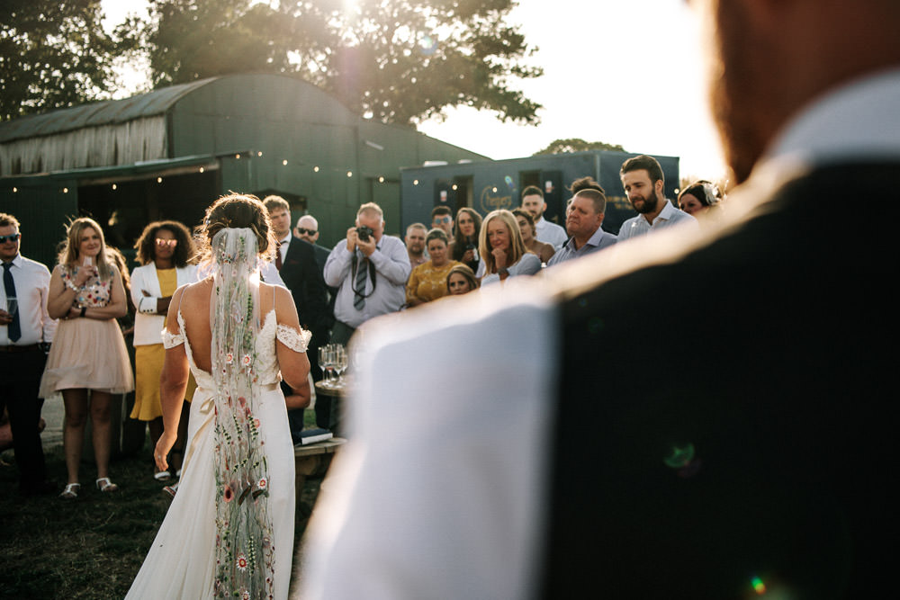 Bride Bridal Dress Gown Lace Detail Drop Cold Shoulder Ribbon Bow Sleeveless Floral Veil Stanford Farm Wedding Andy Griffiths Photography