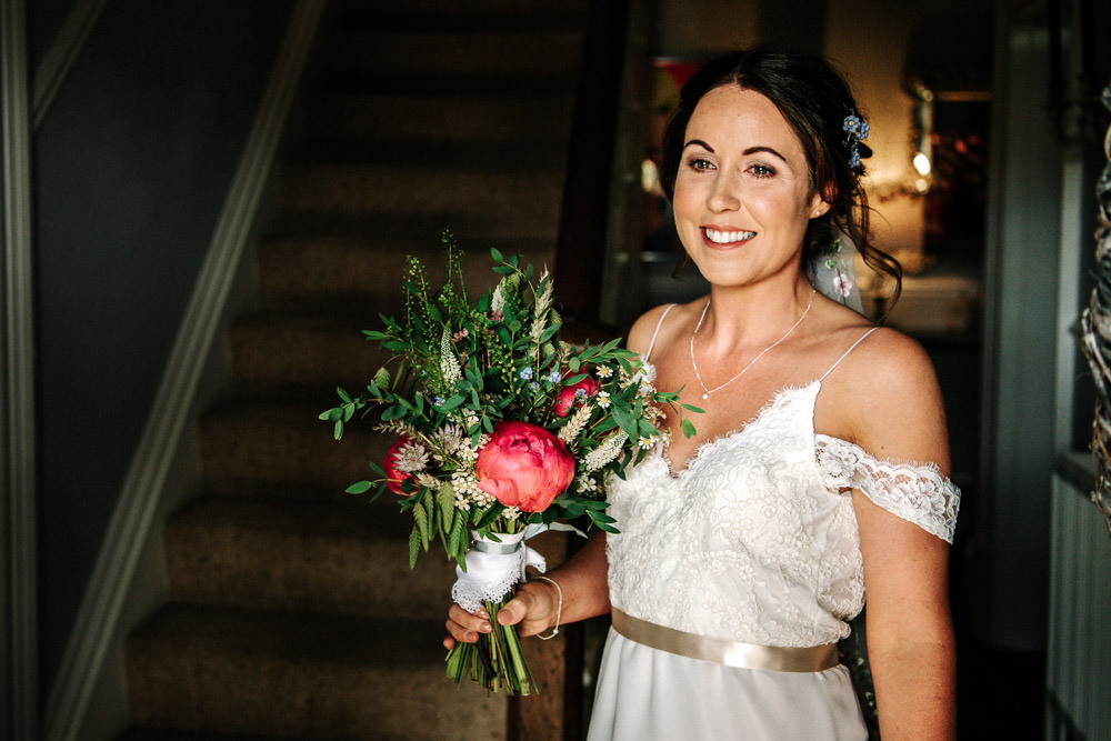 Bride Bridal Dress Gown Lace Detail Drop Cold Shoulder Ribbon Bow Sleeveless Bouquet Floral Veil Stanford Farm Wedding Andy Griffiths Photography