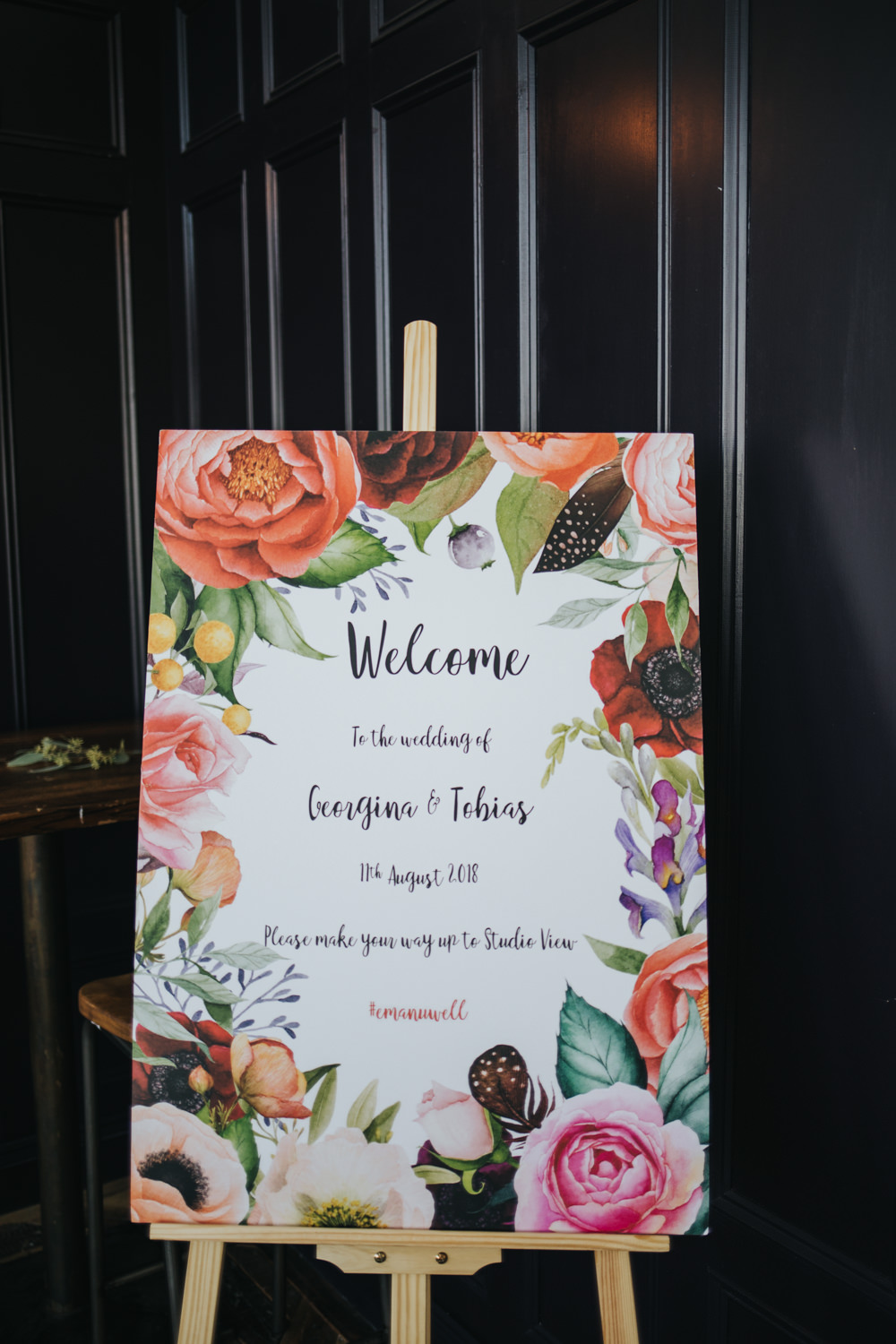 Floral Sign Signage Welcome Calligraphy Easel Wimborne House Wedding Eva Photography