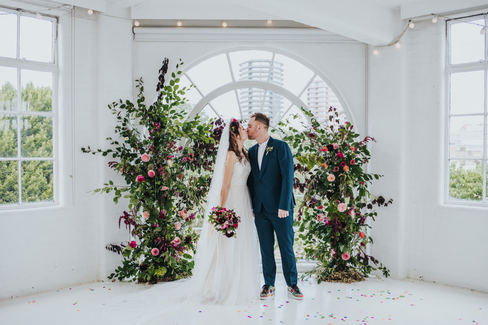 Ceremony Aisle Backdrop Arch Flower Floral Installation Wild Natural Pretty Greenery Foliage Pink Wimborne House Wedding Eva Photography