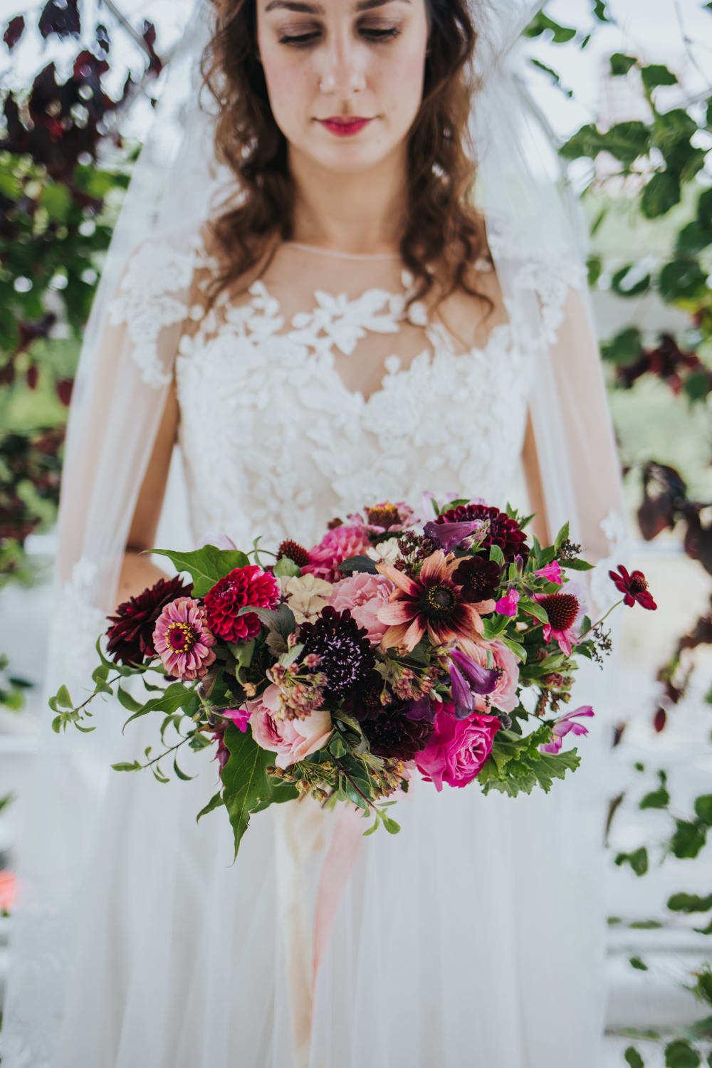 Bouquet Flowers Bride Bridal Pink Red Greenery Foliage Ribbon Natural Organic Dahlia Rose Wimborne House Wedding Eva Photography