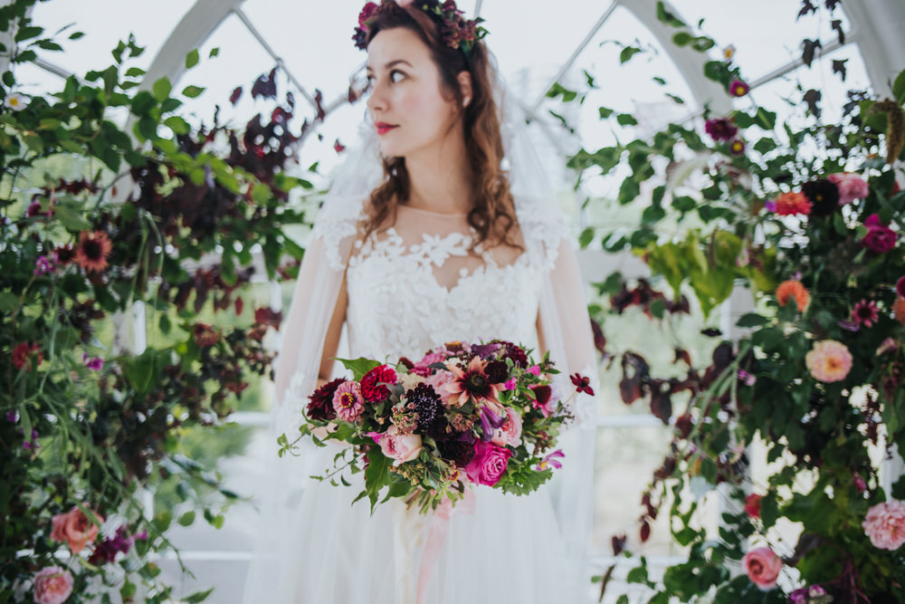 Bouquet Flowers Bride Bridal Pink Red Greenery Foliage Ribbon Natural Organic Dahlia Rose Wimborne House Wedding Eva Photography