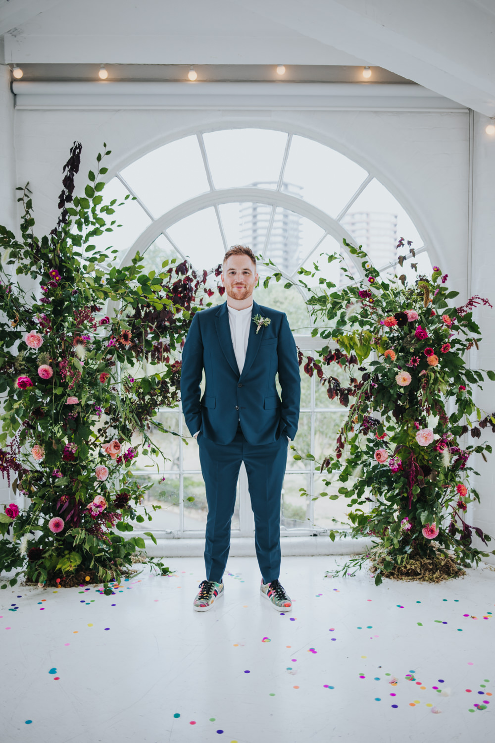 Groom Suit Green Floral Trainers Grandad Collar Shirt Wimborne House Wedding Eva Photography