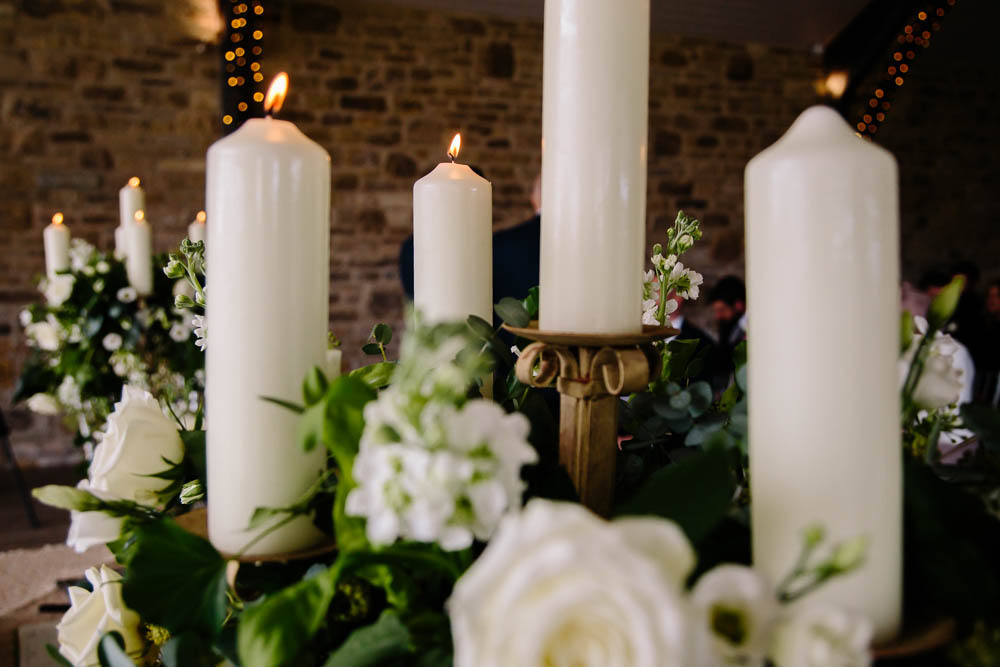 Pillar Candle Stick White Florals Yorkshire Wedding Barn Anna Rose Photography