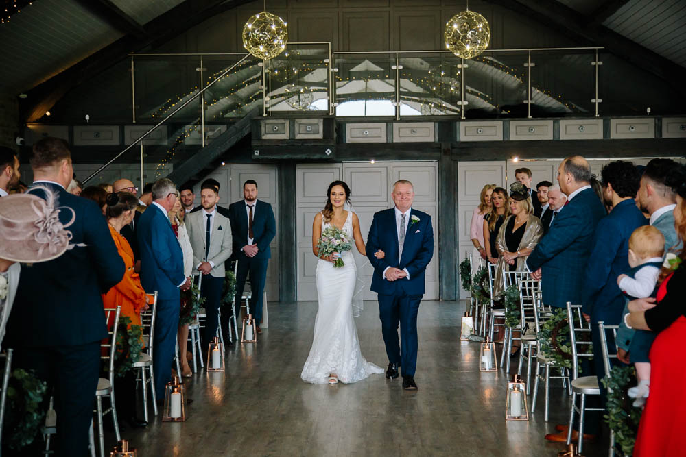 Bride Bridal Sleeveless V Neck Embellished Dress Gown Fitted Blue Tweed Suit Yorkshire Wedding Barn Anna Rose Photography
