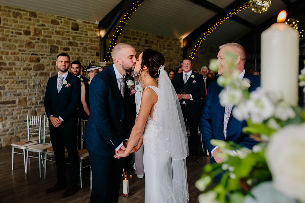 Bride Bridal Sleeveless V Neck Embellished Dress Gown Fitted Blue Tweed Groom Suit Veil Yorkshire Wedding Barn Anna Rose Photography