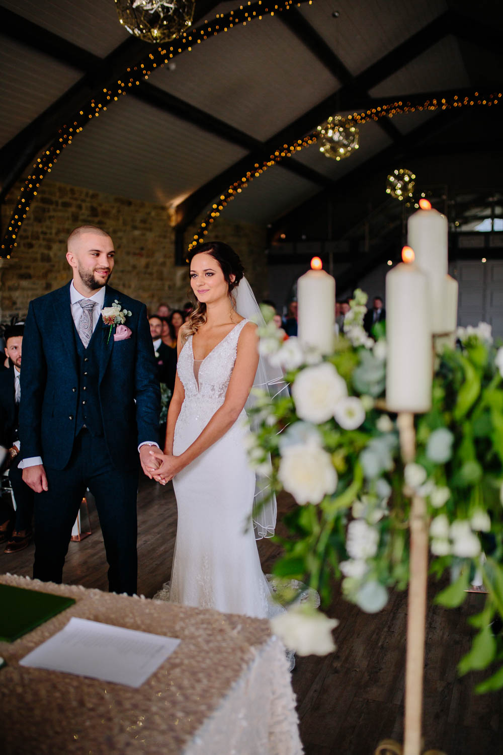 Bride Bridal Sleeveless V Neck Embellished Dress Gown Fitted Blue Tweed Groom Suit Veil Yorkshire Wedding Barn Anna Rose Photography