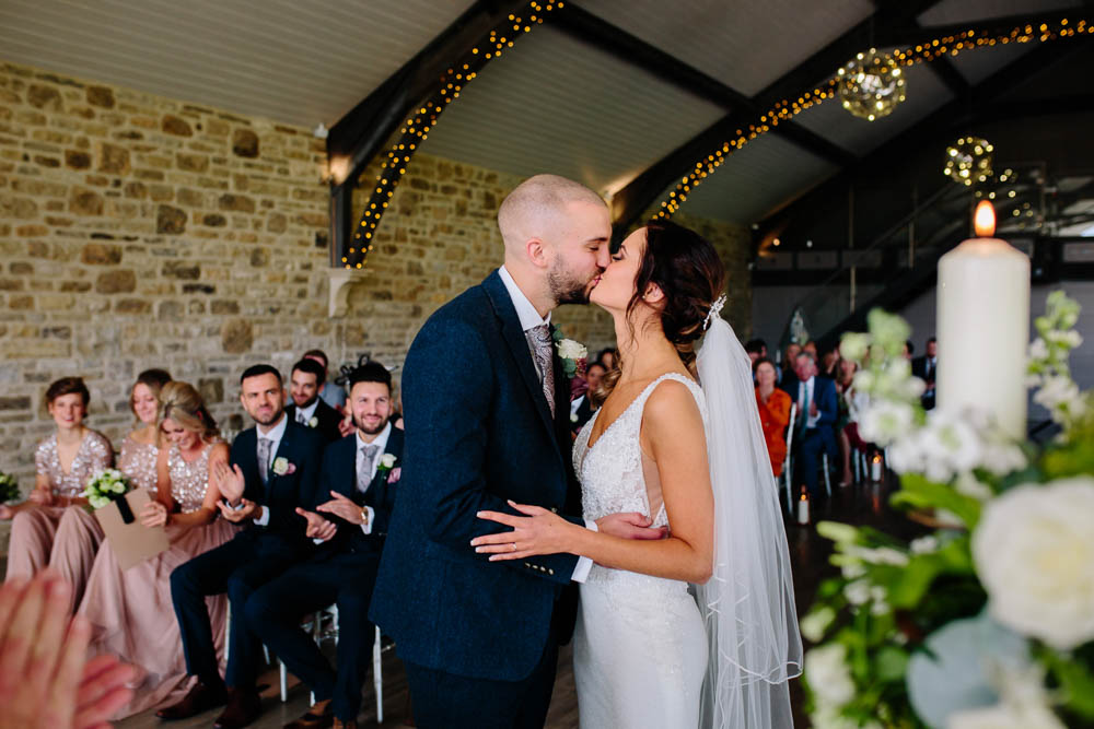 Bride Bridal Sleeveless V Neck Embellished Dress Gown Fitted Blue Tweed Groom Suit Veil Yorkshire Wedding Barn Anna Rose Photography